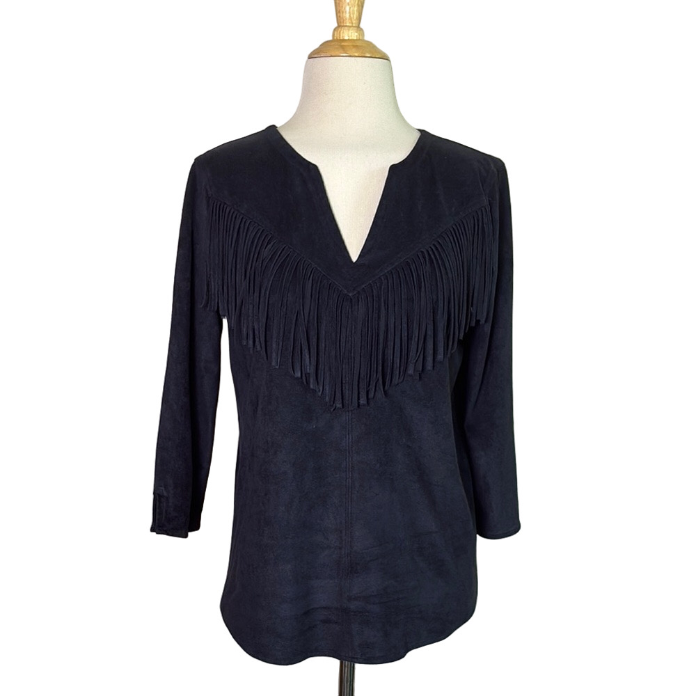 EXPRESS Women Small Black Faux Suede Western Vneck 3/4 Sleeve Tunic Top Cowgirl‎